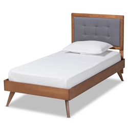 Baxton Studio Alida Mid-Century Modern Dark Grey Fabric Upholstered and Walnut Brown Finished Wood Twin Size Platform Bed